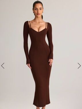 Oh Polly Chocolate Brown Long Sleeve Bodycon Maxi Dress